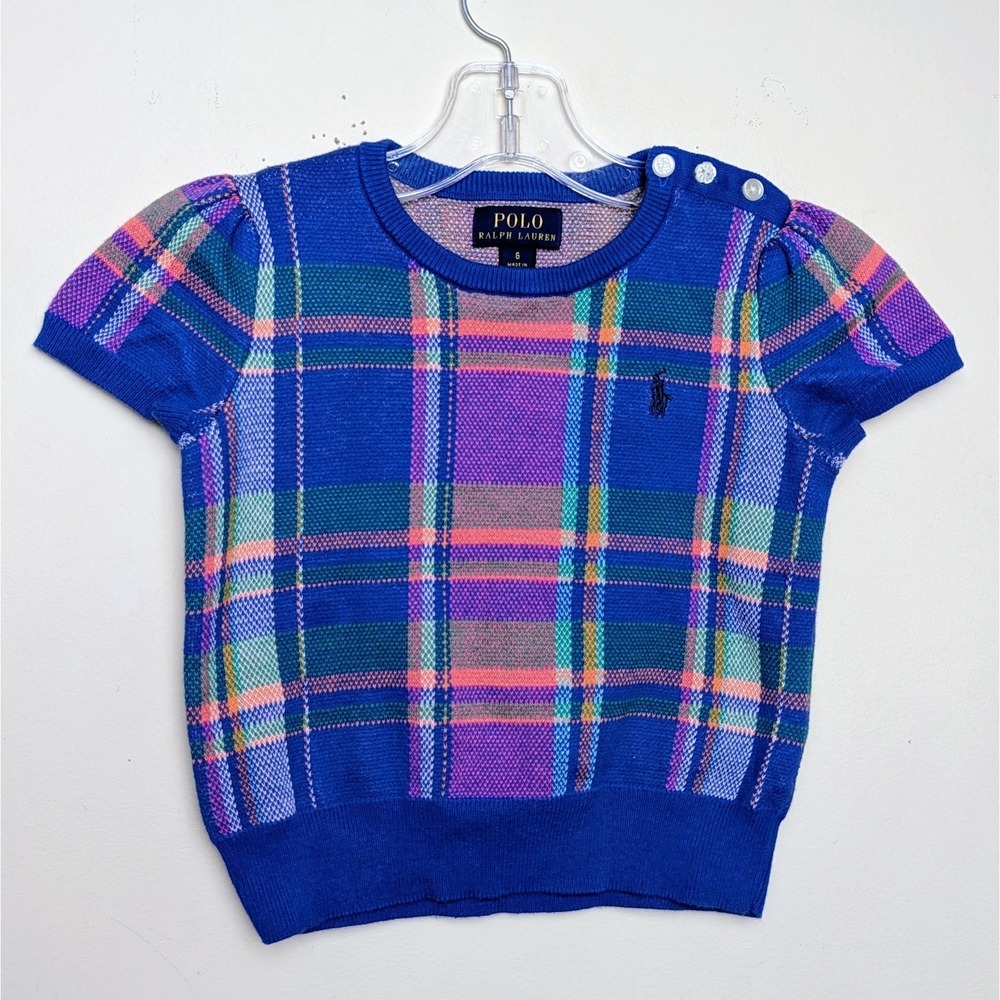Polo Ralph Lauren Girls Wool Plaid‎ Sweater 's Bright Blue Short Sleeve Size 6
